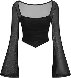 Verdusa Women's Contrast Mesh Ruched Square Neck Bell Sleeve Crop Tee Top T Shirt