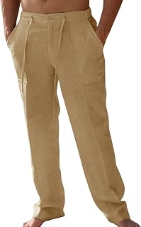 Pantalones de lino casuales para hombre, ajuste holgado, cintura elástica con cordón, pierna recta, pantalones largos para verano, yoga, playa