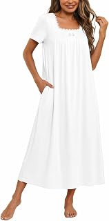 Ekouaer Cotton Long Nightgowns for Women Vintage House Dress with Pockets