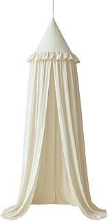 Wonder Space Kids Bed Canopy with Ruffles, Pastel Neutral Color for Boys &amp; Girls, Frilled Cotton Tent Nursery Room Baby Crib Hanging Curtain Mosquito Netting Children Reading Nook Decoration (Ivory)