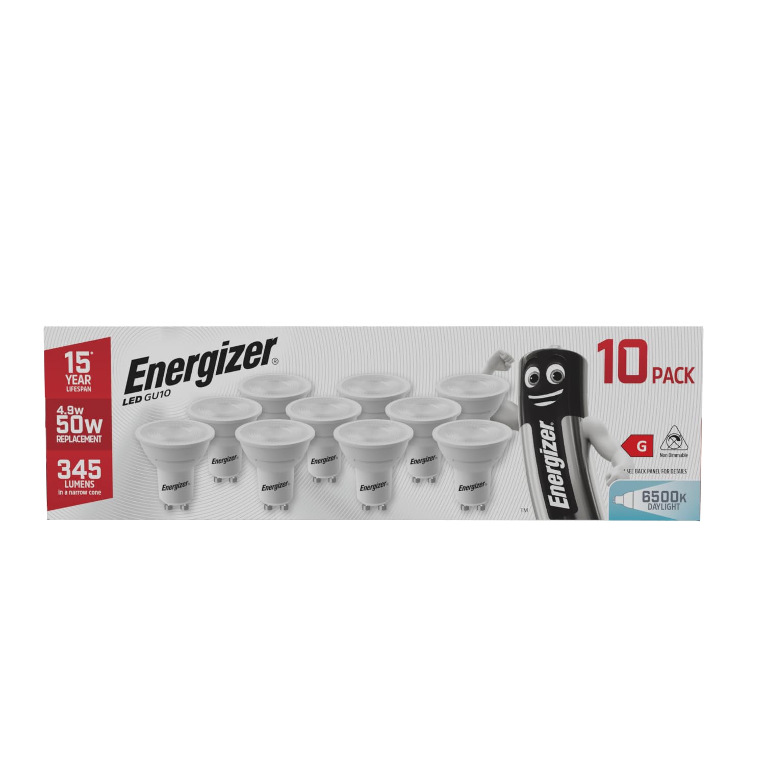 Energizer GU10 LED Bulbs Daylight 6500K, Pack of 10 | 345 lumens, 4.9W energy us