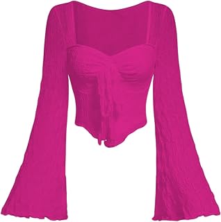 SOLY HUX Women's Long Bell Sleeve Tops Mesh Sweetheart Neck Going Out Crop Top Casual Asymmetrical T Shirts Tees