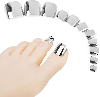 French Tip Press On To Nail Fake Toe Nail Kit for Women, Punk Metallic Toenail Press Acrylic Toe Nails, 24pcs Silver Metal Fake Toenails Stick Pedicure Square Nail Feet
