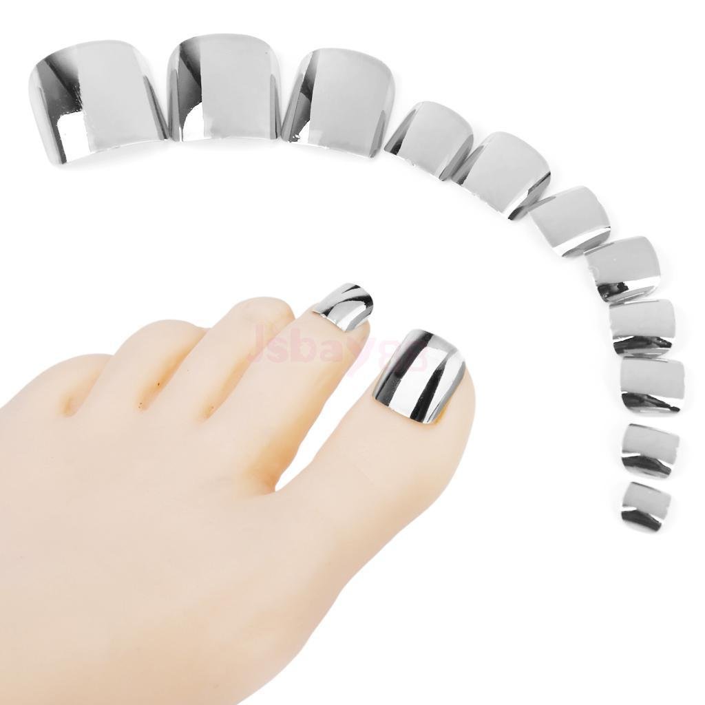 French Tip Press On To Nail Fake Toe Nail Kit for Women, Punk Metallic Toenail P