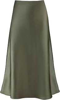 Women's High Waist Satin Midi Skirt Hidden Elastic Waist A-Line Casual Flared Skirt