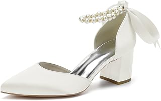 Women's Pointed Toe Pearl Wedding Shoes for Bride Low Heels Satin Heels with Bow Bridal Shoes Chunky Block Heels Comfortable Dance Shoes Pumps