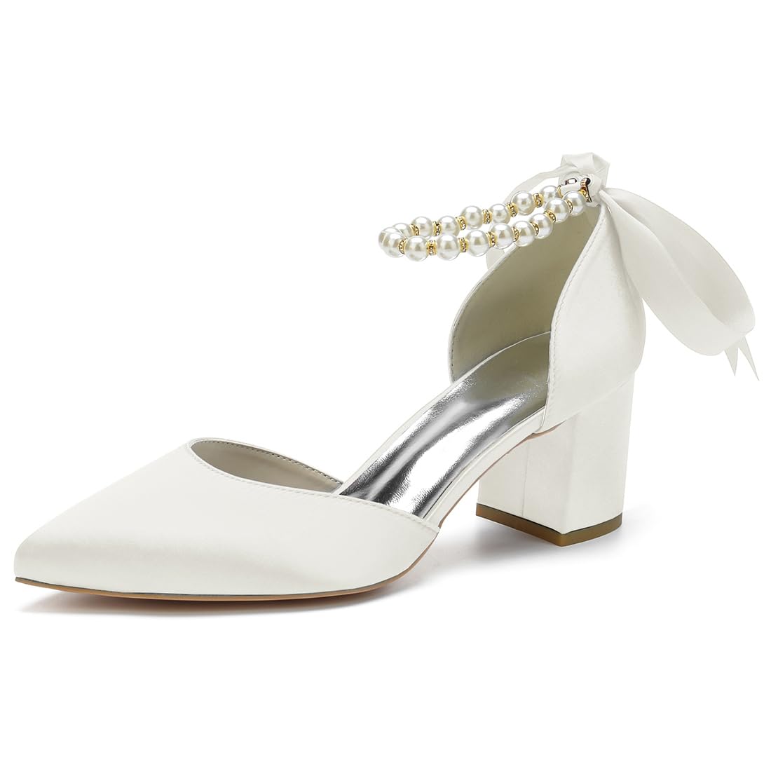 Women's Pointed Toe Pearl Wedding Shoes for Bride Low Heels Satin Heels with Bow