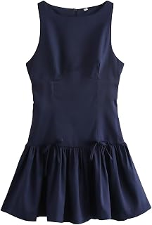 Womens Sleeveless Mini Tank Dress Boat Neck Drop-Waist A Line Dress Solid Color Bodycon Bow Zipper Back Mini Dress