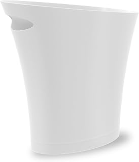 Umbra Skinny Trash Can, Slim Bathroom Garbage Can, 2 Gallon, Metallic White | Built-in handle, fits narrow openings and odd spaces, strong construction, easy wipe clean, rounded corners