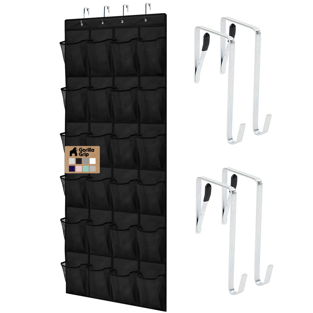 GORILLA GRIP Over the Door Shoe Organizer, 24 Large Pockets, Black | Breathable 