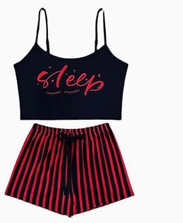 Women Strap Sleepwear Set Drawstring Shorts Letter Stripe Print Loungewear Wear