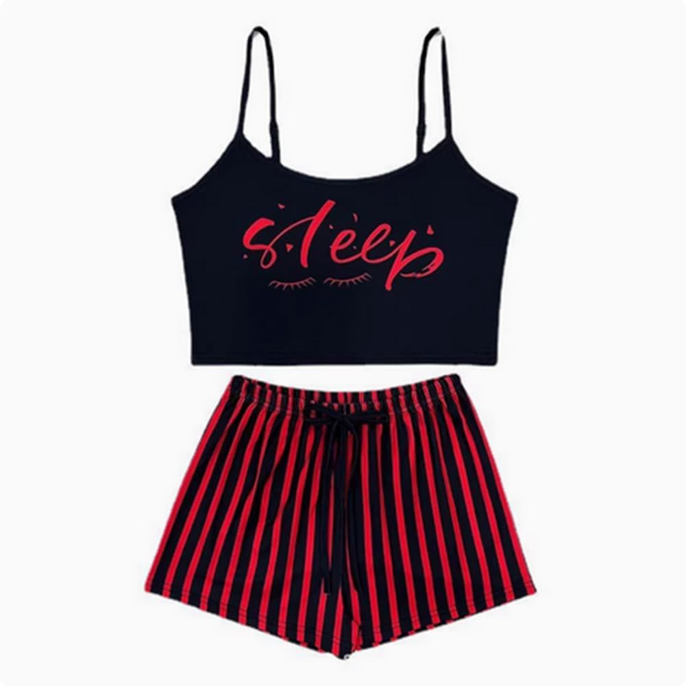 Women Strap Sleepwear Set Drawstring Shorts Letter Stripe Print Loungewear Wear