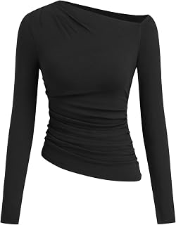 CIDER Off The Shoulder Tops for Women Long Sleeve Shirts Asymmetrical Neck Ruched Going Out Tops Y2K Slim Fit Fall Top