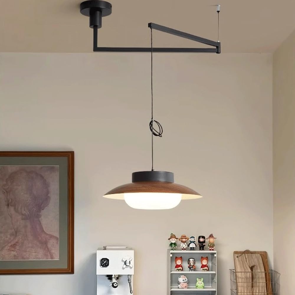 LED Hanging Pendant Light with Swing Arm Ceiling Black Wood Mid Century Modern P