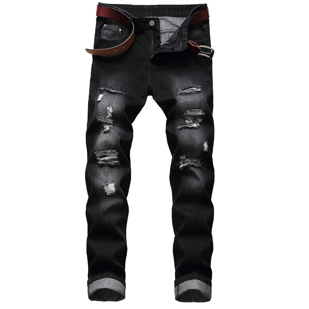 LZLER Mens Ripped Jeans,Distressed Destroyed Slim Fit Straight Leg Denim Pant wi