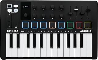 Arturia MINILAB3BK Compact MIDI Keyboard and Pad Controller, Black | Black, 25 keys, 8 velocity pads, 8 encoders, USB-C powered, Analog Lab V included