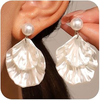 Pearl Seashell Earrings for Women Lightweight White shell Dangle Drop Earrings Elegant Wedding Statement Summer Beach Vacation Jewelry Gifts