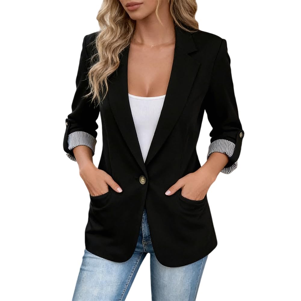 Women's Elegant Slim-Fit Blazer with Detailed Lapel and Cuffs - Three-Quarter Sl
