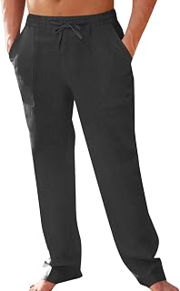 Mens Cotton Linen Pants Elastic Waist Drawstring Casual Pants Lightweight Straight Leg Loose Fit Summer Beach Yoga Pants