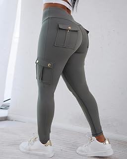 Women Butt Lifter Leggings with Flap Pockets High Waist Tummy Control Workout Cargo Pants Stretch Button Casual Activewear