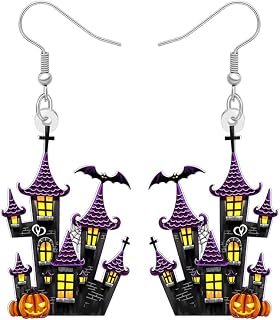 Acrylic Horror Halloween Haunted House Dangle Earrings Gifts for Women, Gothic Castle Design Bat and Pumpkin Spooky Halloween Costume Jewelry Accessories