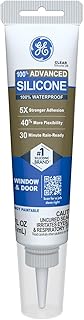 GE Advanced Silicone Caulk for Window & Door, Clear, 2.8 fl oz Tube, 1 Pack - 100% Waterproof Silicone Sealant, 5X Stronger Adhesion, Freeze & Sun Proof