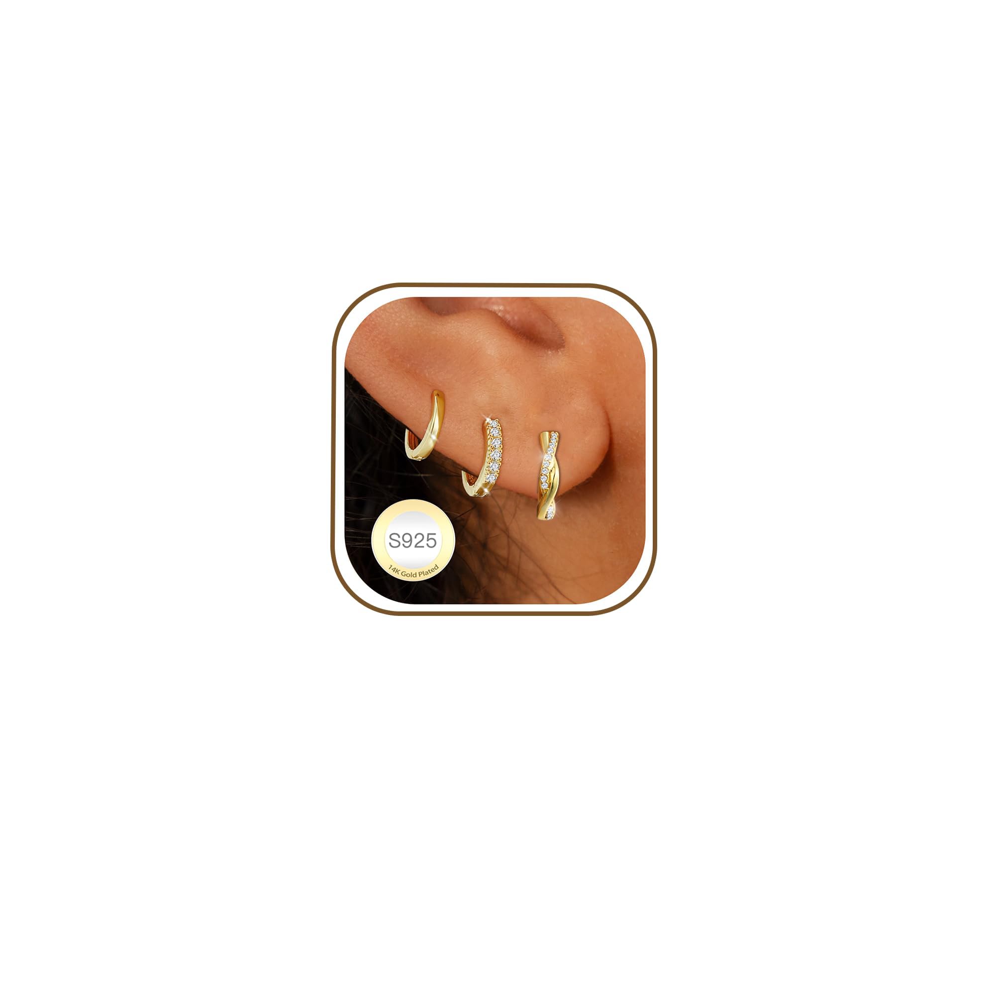 AVOTTO 3 Pairs 14K Hypoallergenic Sterling Silver Hoop Earrings for Women