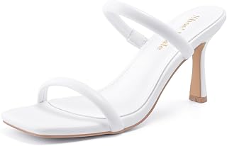 Shoe'N Tale Women's Strappy Heels Kitten Heeled Mules Two Straps Square Open Toe Slip On Sandals
