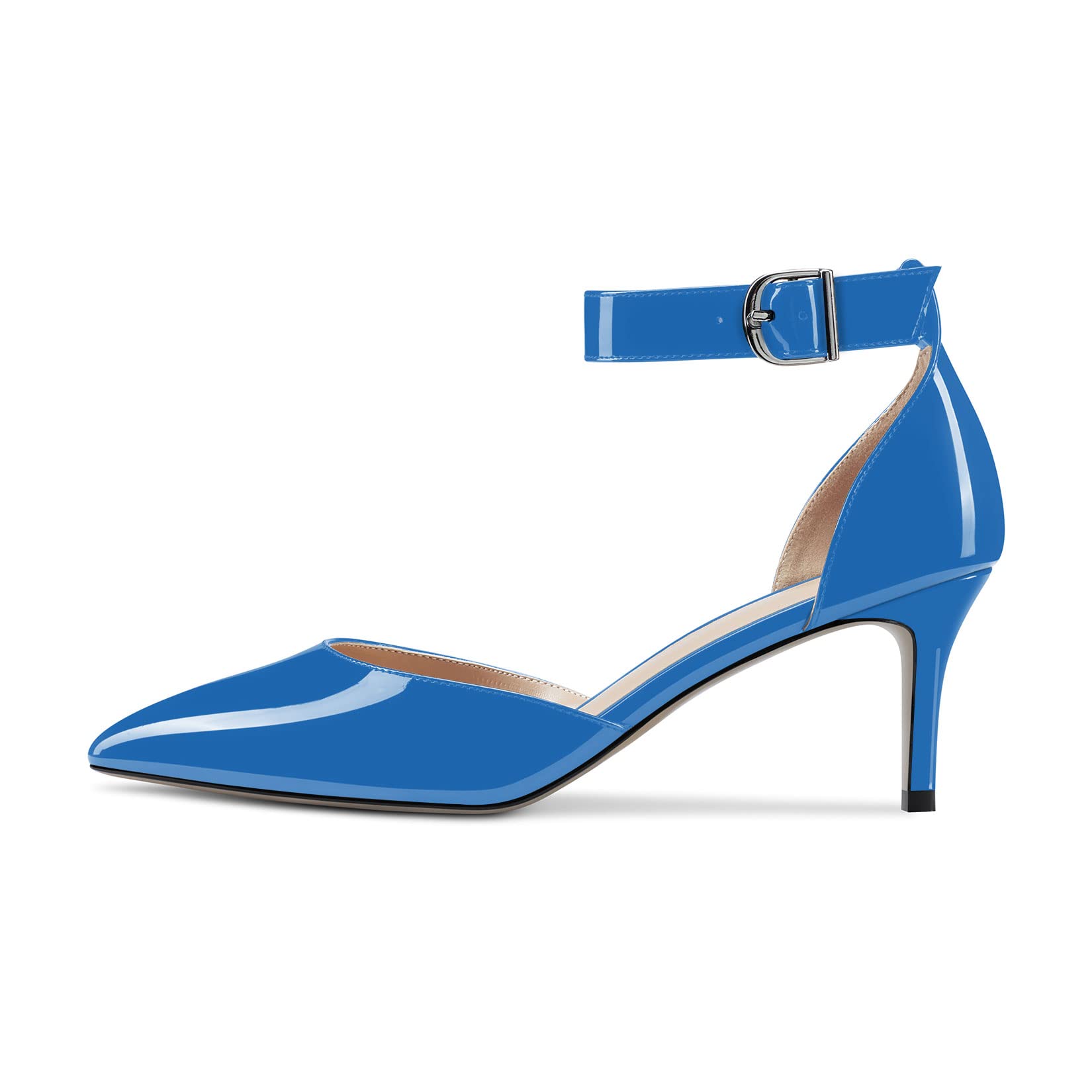 NobleOnly Women's Needle Kitten Low Heel Ankle Strap Pumps Closed Toe Pointed To