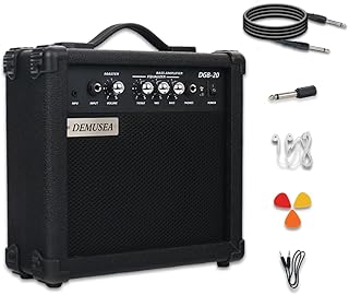 Demusea 20W Electric Bass Amplifier Black Bass Amp Portable Travel Beginner Practice Headphone Jack Aux Treble Middle Bass Mp3 with 3m Noiseless Cable Adapter Picks Aux Cable Earphone