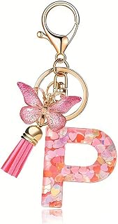 Fashion Initial Letter Keychain Tassel Cute Butterfly Pink Alphabet Pendant Keychain for Bags Bags Women