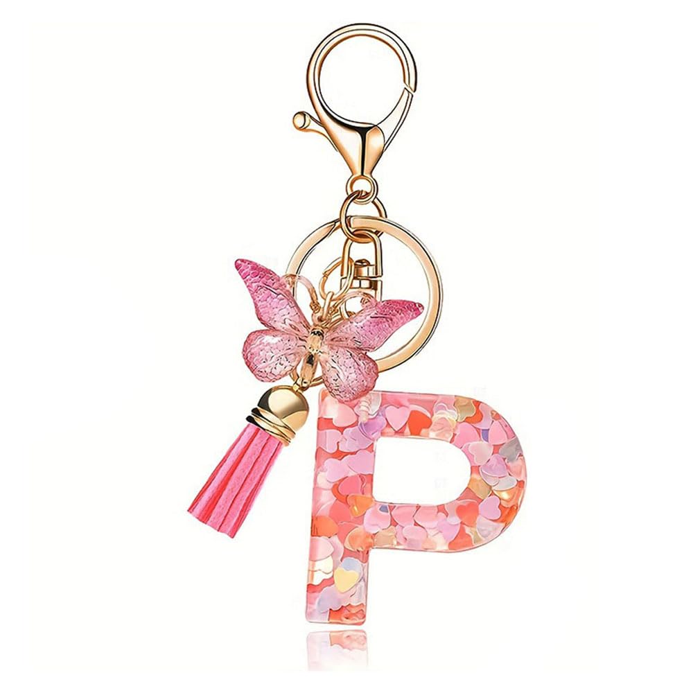 Fashion Initial Letter Keychain Tassel Cute Butterfly Pink Alphabet Pendant Keyc