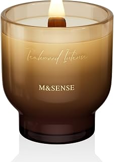 M&SENSE 9.88oz Natural Soy Candle with Wooden Wick | Teakwood Intense Scented Candles | 55-Hour Burn Time & Long-Lasting, Non-Toxic Candles | Bougie Gift for Housewarming, Birthday & Wedding