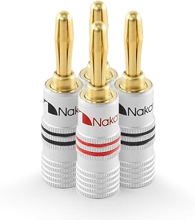 Nakamichi 24K Gold Plated Banana Plug 12-18 AWG Size 4mm for Speakers Amplifier Hi-Fi AV Receiver Stereo Home Theater Audio Cable Screw Connector, 4pcs (2 Pairs)