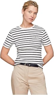 Tommy Hilfiger Women T-Shirt Short-Sleeve New Slim Cody Crop Crew Neck, Multicolor (Breton Desert Sky/Ecru), S