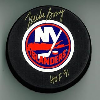 Mike Bossy Autographed Islanders Puck w/ "HOF" #1