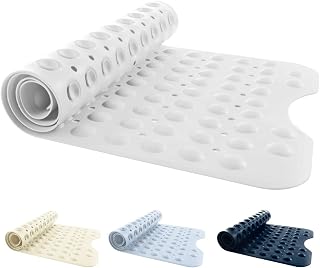 ANSIO Bath Mat, Non Slip PVC Shower Mat, 100 x 40 cm, White | Anti mould, Suction cups, Drain holes, Machine washable, Extra long design