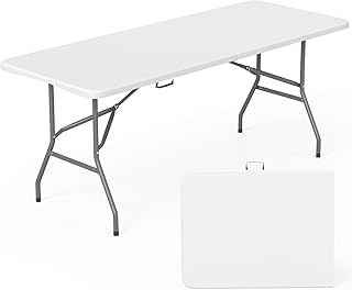 FDW | 6FT Folding Table | White | Portable Plastic Table | with Carry Handle | Waterproof & Foldable Table Design | Steel Frame with Lock | for Events, Camping, Indoor & Outdoor Use