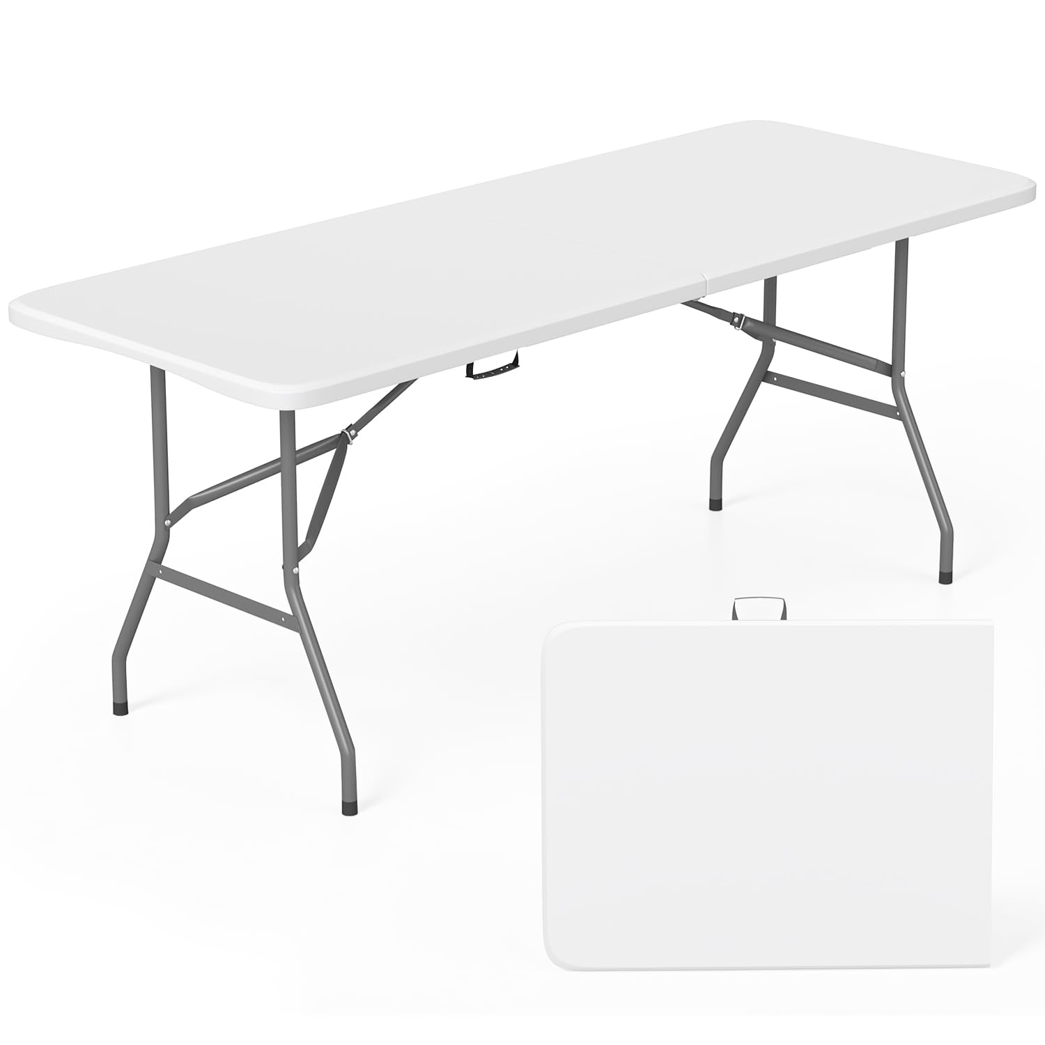 FDW | 6FT Folding Table | White | Portable Plastic Table | with Carry Handle | W