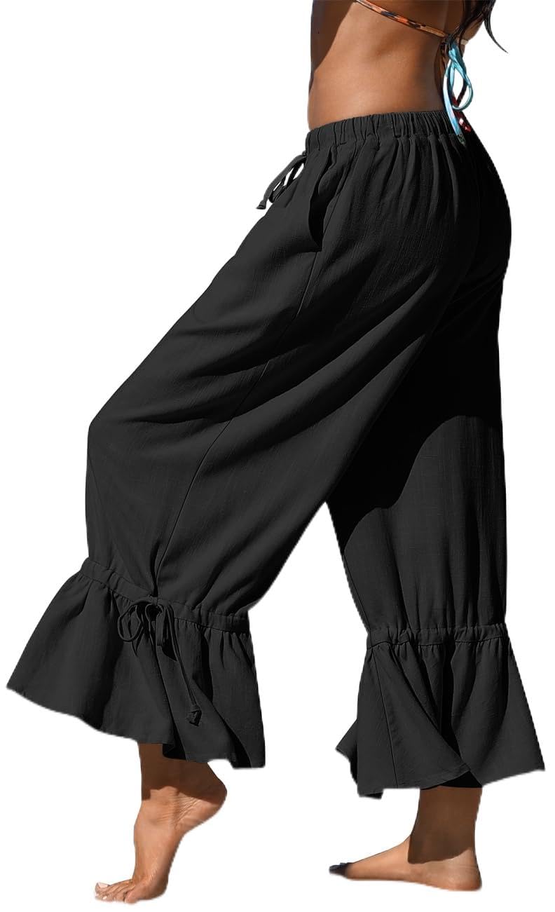 TARSE Womens Linen Wide Leg Pants Ruffled Casual Drawstring with Pockets