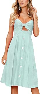 FANCYINN Women's Spaghetti Strap V-Neck Botton Down Tie Front Midi Dress