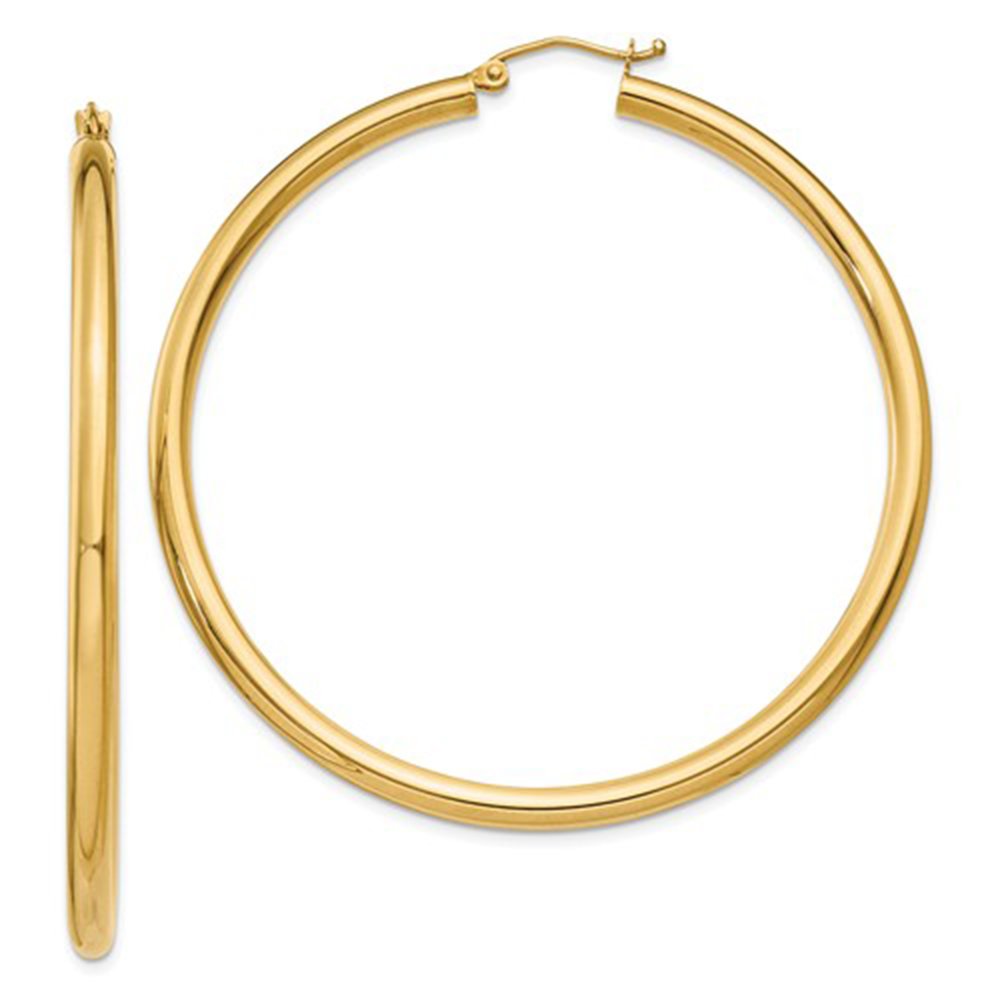 14K Yellow Gold Classic Real Hoop Earrings, (3mm Thick Tube)