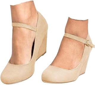 Coutgo Décolleté da donna con zeppa, eleganti scarpe Mary Jane, comode, punta chiusa, cinturino alla caviglia, Nude, 8