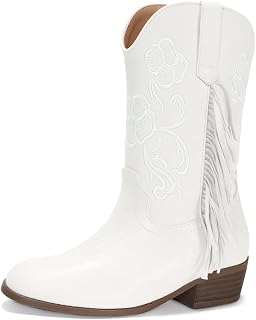 Coutgo Girls Cowboy Boots Tassel Fringe Embroidered Mid Calf Western Boots