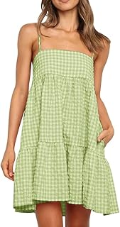 Womens Summer Plaid A-line Sleeveless Casual Flowy Mini Sundress