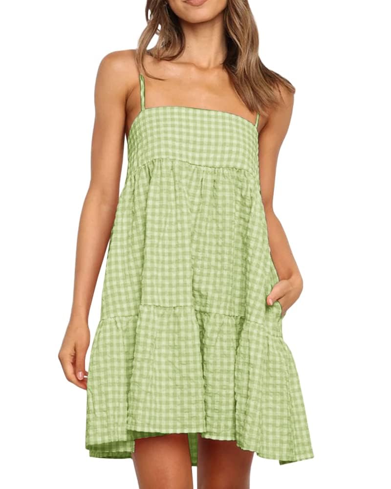 Womens Summer Plaid A-line Sleeveless Casual Flowy Mini Sundress