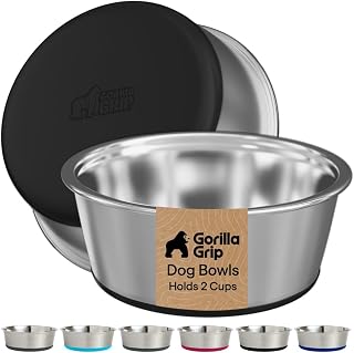 GORILLA GRIP Dog Bowl Set, Food Grade 304 Stainless Steel, 2 Cup, Black | Dishwasher Safe Stainless Steel Pet Feeding Bowls Hold 16 fl oz Each, Durable Silicone Grip Base