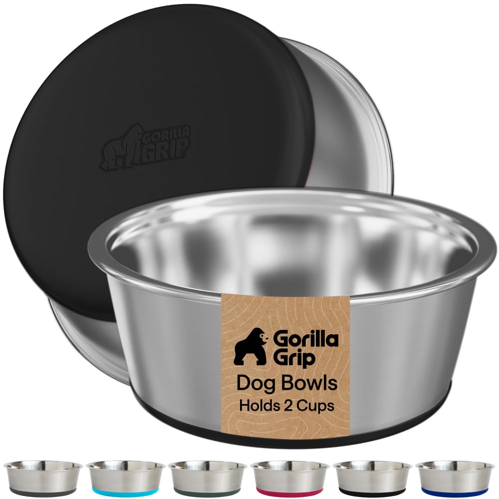 GORILLA GRIP Dog Bowl Set, Food Grade 304 Stainless Steel, 2 Cup, Black | Dishwa