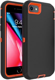 Case for iPhone SE 3rd/2nd Gen, 8, 7 (4.7 inch) - Heavy-Duty Tough Rugged Shockproof Drop Protective Cover, Black+Orange