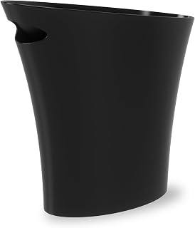 Umbra Skinny Trash Can, Slim Bathroom Garbage Can, 2 Gallon, Black | Built-in handle, fits narrow openings and odd spaces, strong construction, easy wipe clean, rounded corners